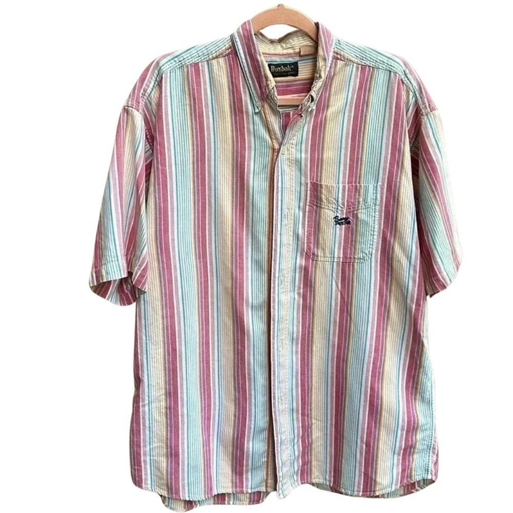 Vintage Duxbak Pink,Yellow,Blue Striped Button‎ Front Shirt - Size Large